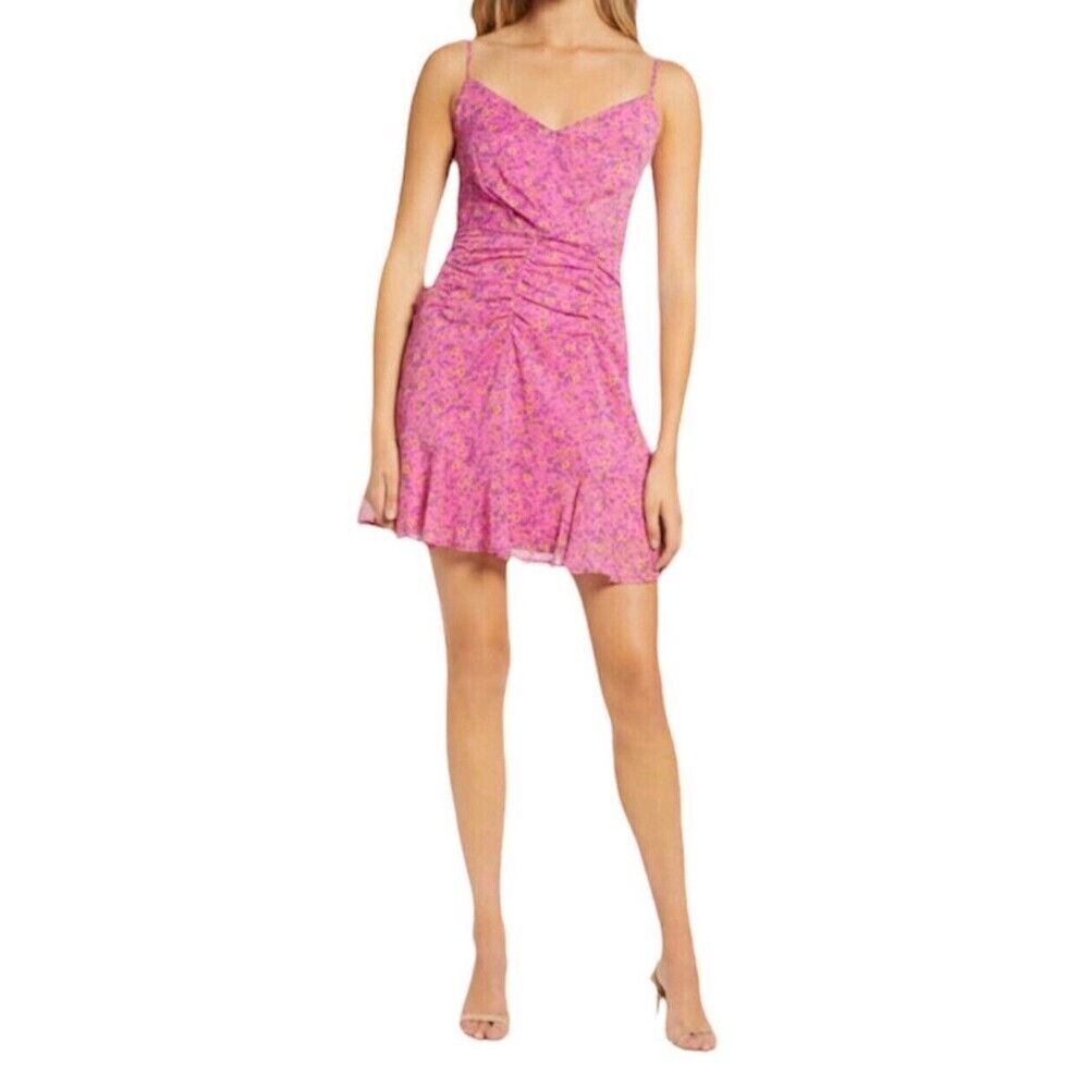 All In Favor Women's Surplice Ruched Dress Pink Purple Floral Cami Size XS